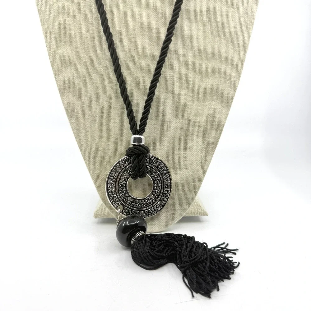 Necklace Vintage Black Cord Tassel Silver Tone Rhinestone Circle Pendant Boho